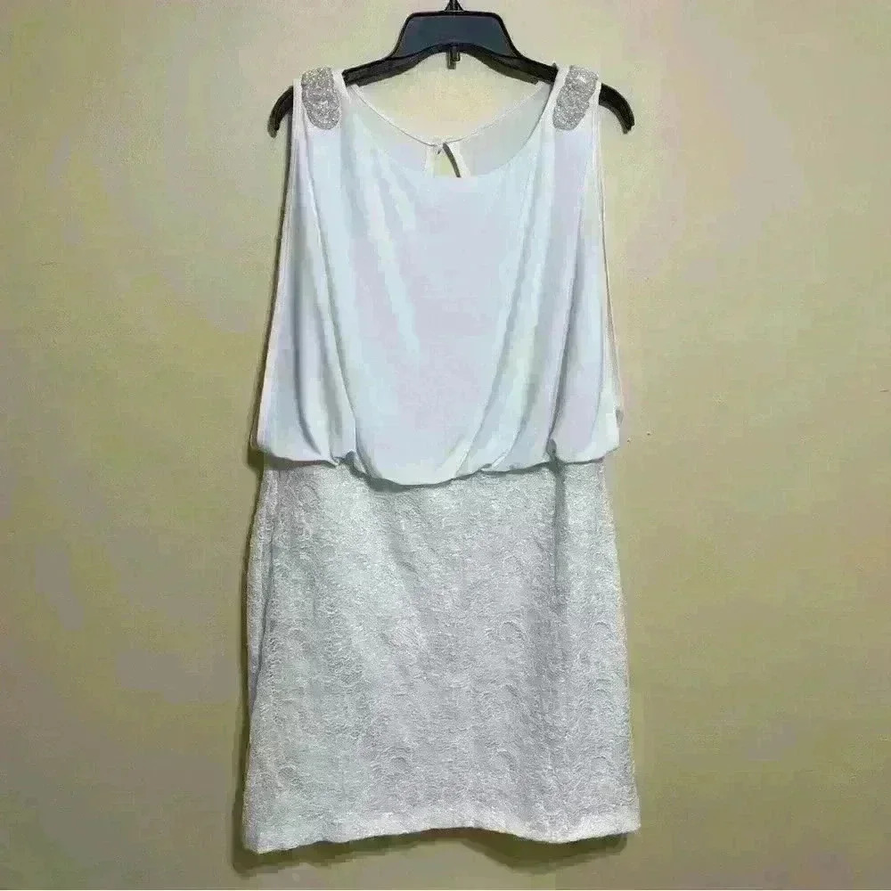 Scarlett Nite Ivory Sleeveless Layered Dress Flowy Top Fitted Lace Skirt Lined
